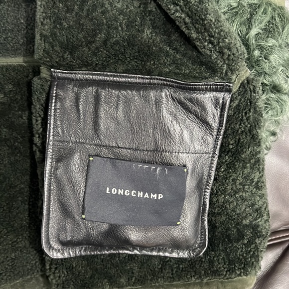 Longchamp shearling sheep skin winter coat in green with black leather pockets - Picture 4 of 8